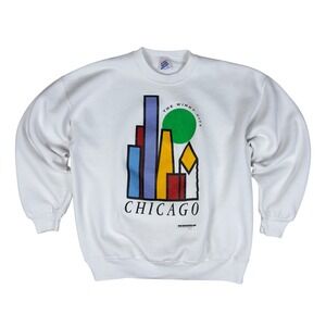 Vtg Jerzees Chicago Sweatshirt Men's XL White‎ Graphic Windy City USA Made 90s
